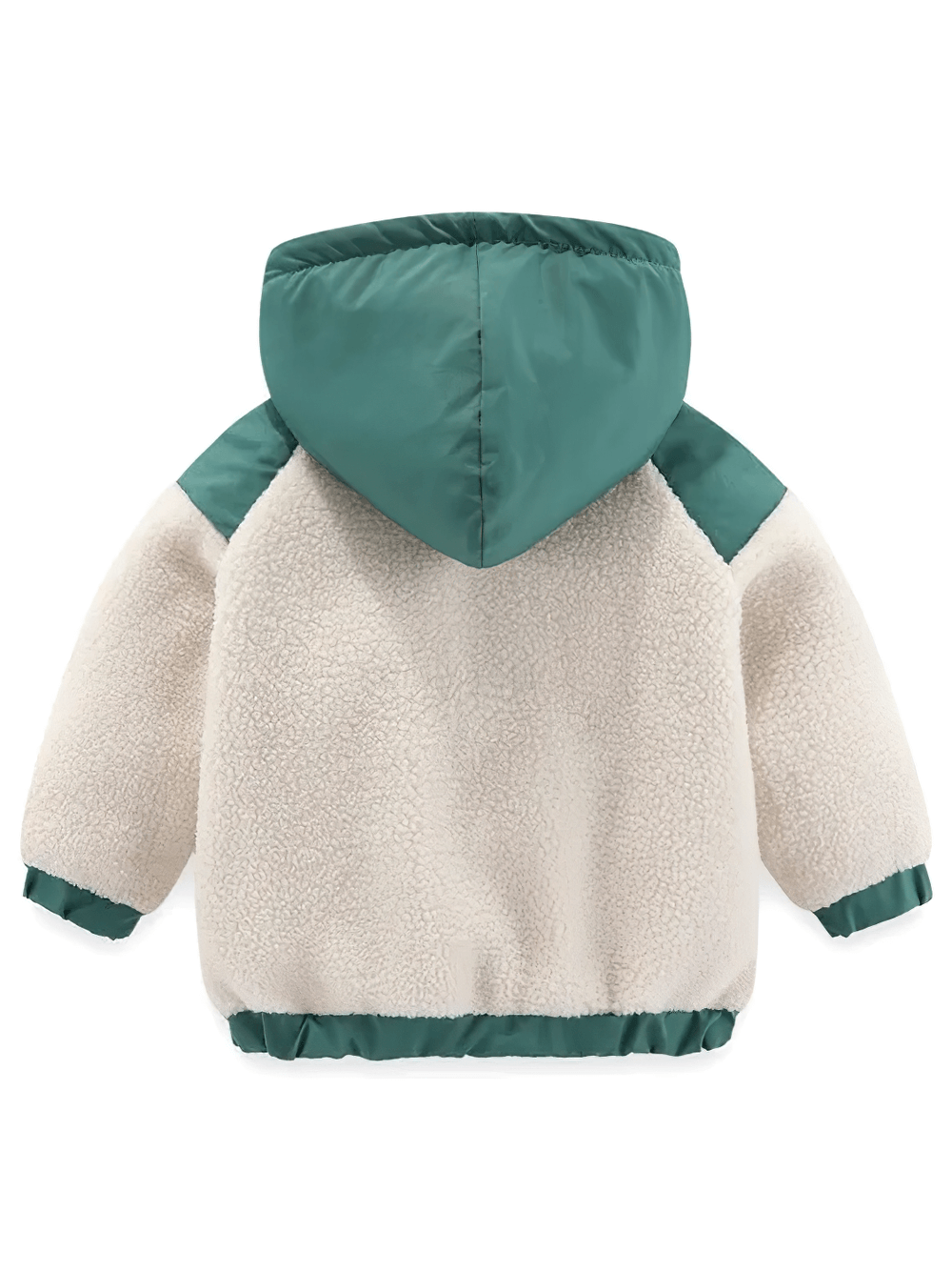 Back view of Sherpa Hooded Jacket with Pockets and Zipper - SF3520 showing teal hood and fleece body.